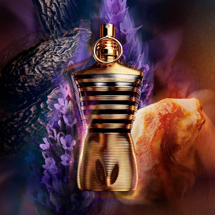 Jean Paul Gaultier Le Male Elixir Eau de Parfum bottle with branded golden background, highlighting its luxurious and powerful men’s fragrance design.