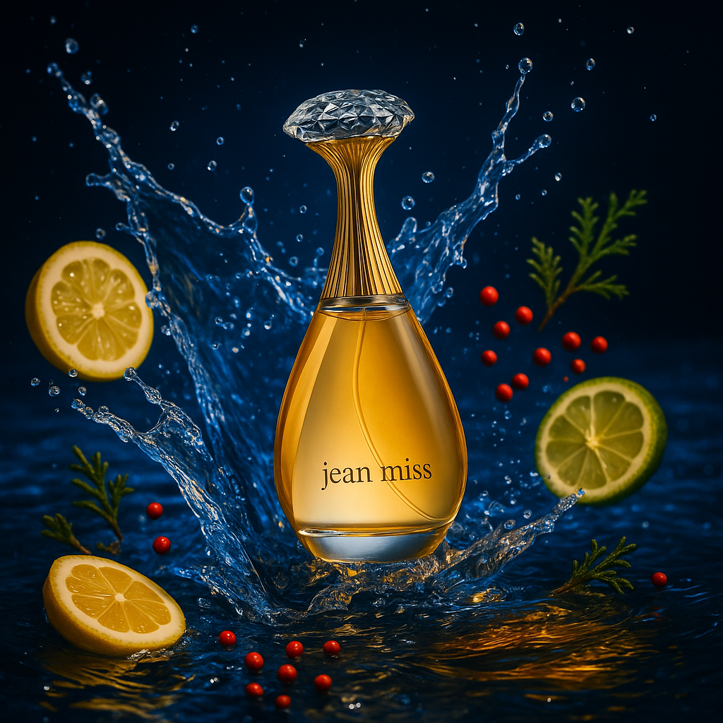 Fragrance Emporium’s Lustre d’Or perfume bottle surrounded by citrus elements and a vibrant blue background, evoking freshness and allure

