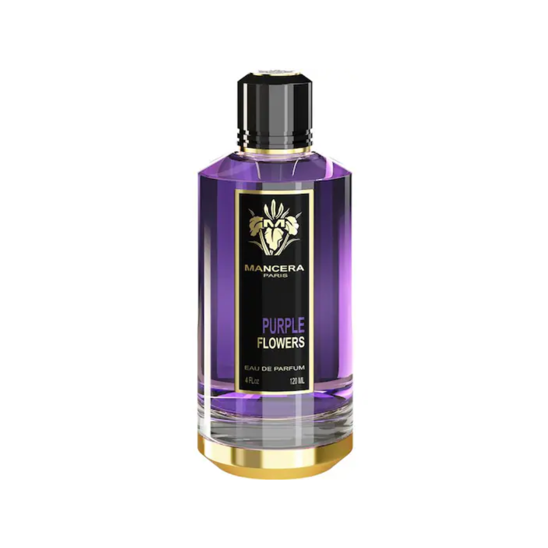 Mancera Purple Flowers Eau de Parfum 120ml bottle. A refined unisex floral woody fragrance with rose, spices, patchouli, amber, musk, and vanilla. Available at Fragrance Emporium.