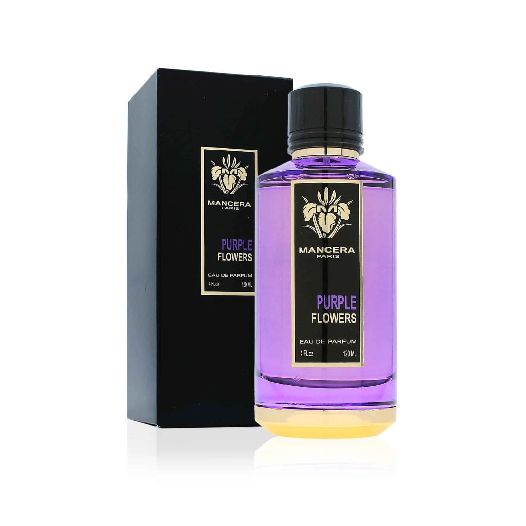 Mancera Purple Flowers EDP 120ml bottle and box. Elegant unisex fragrance with notes of rose absolute, spices, cedar, patchouli, musk, and amber. Shop at Fragrance Emporium.