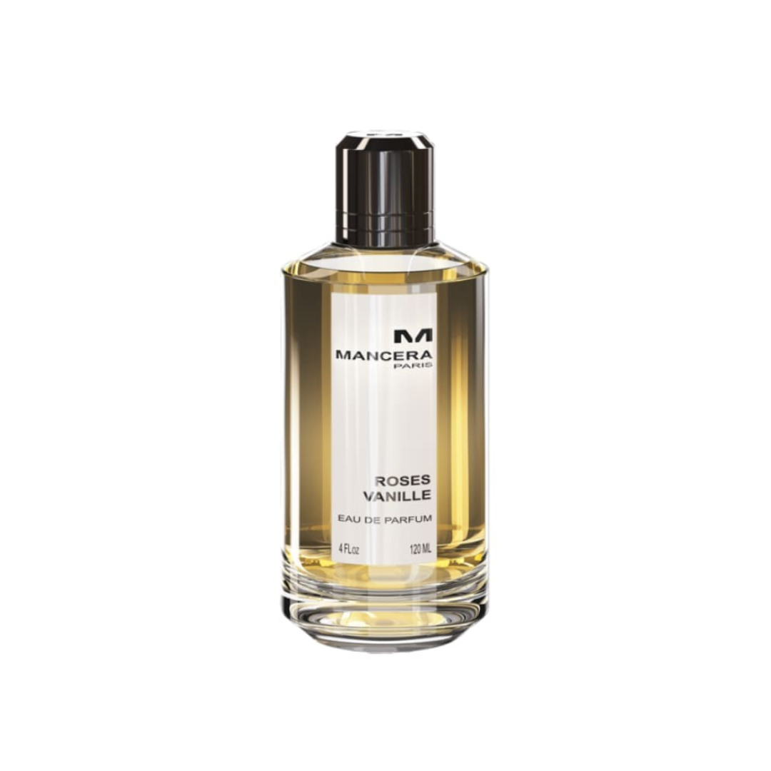Close-up of Mancera Roses Vanille Eau de Parfum 120ml bottle, a women’s fragrance with rose, vanilla, and musk, available at Fragrance Emporium.
