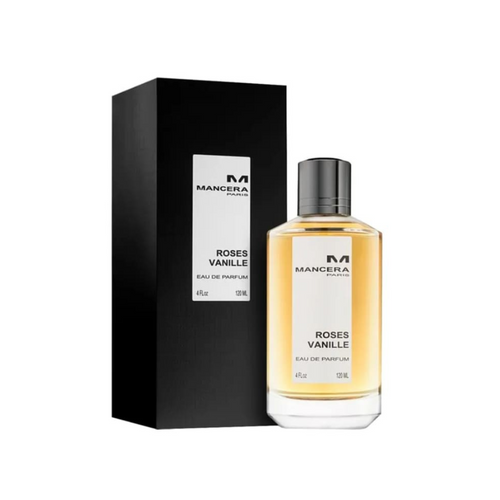 Mancera Roses Vanille EDP 120ml perfume bottle with packaging box, luxury women’s fragrance featuring rose, vanilla, and woody notes, at Fragrance Emporium.