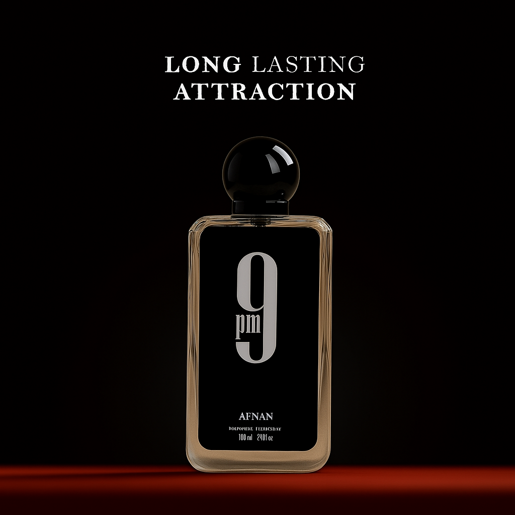 Ad image for Midnight Code 9PM Seduction EDP by Fragrance Emporium – bold tagline “Long-Lasting Attraction” with sleek perfume bottle.

