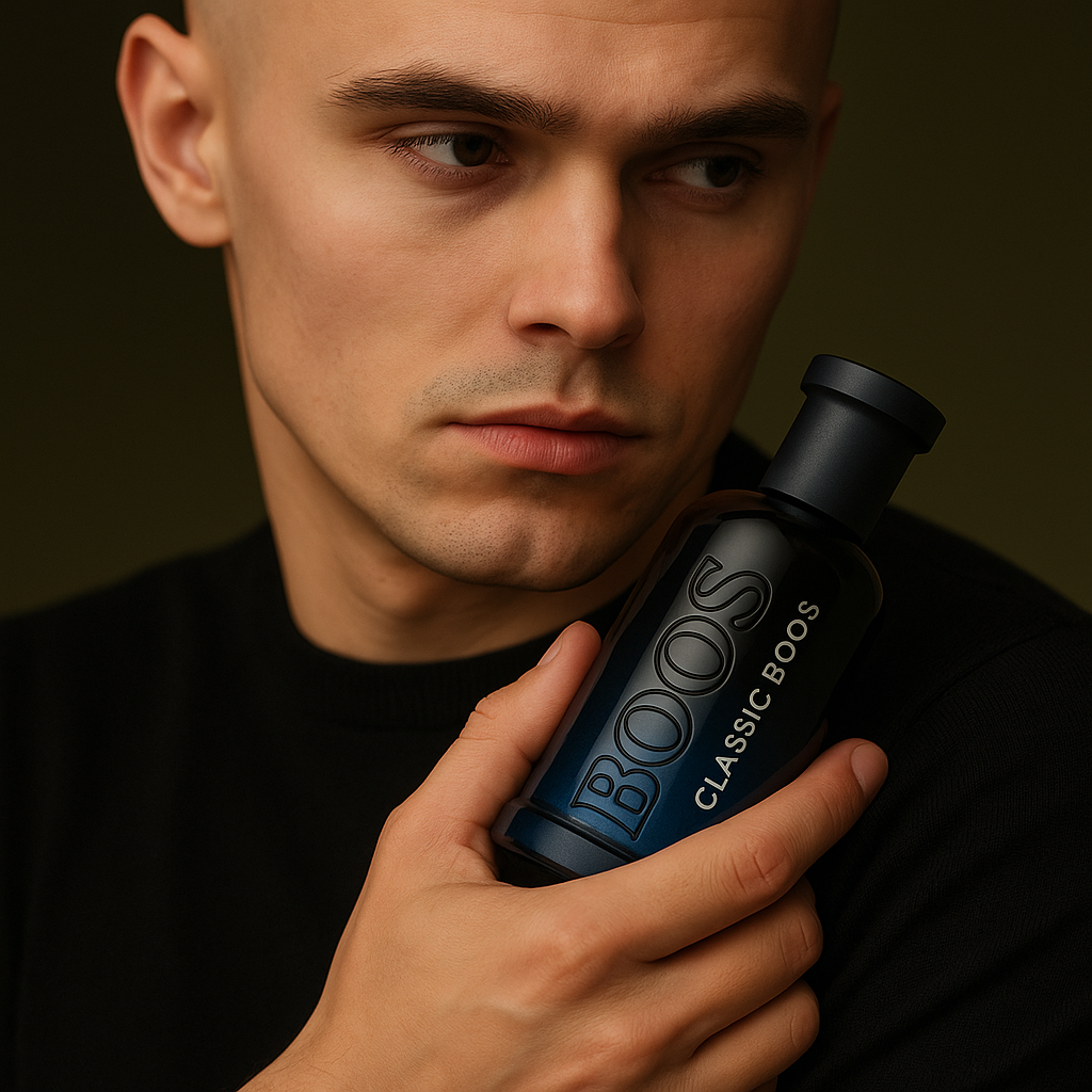 Confident man holding Midnight Sprint fragrance by Fragrance Emporium, symbolizing strength and irresistible charm

