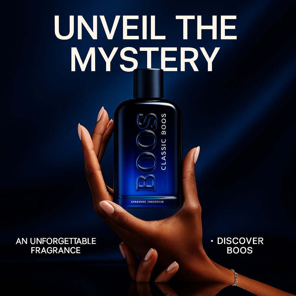 Fragrance Emporium’s Midnight Sprint fragrance held in hand with “Unveil the Mystery” tagline, evoking intrigue and bold allure

