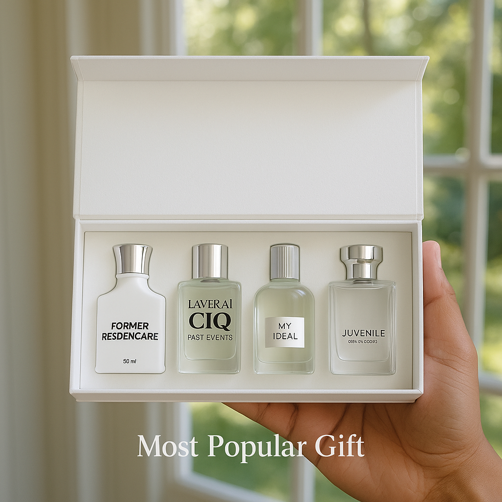 Fragrance Emporium’s Modern Muse EDT gift set displayed open with a soft green background, highlighting freshness and refinement

