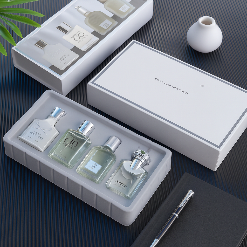 Fragrance Emporium’s Modern Muse fragrance set with box lid open, showcasing luxurious presentation and versatile scents

