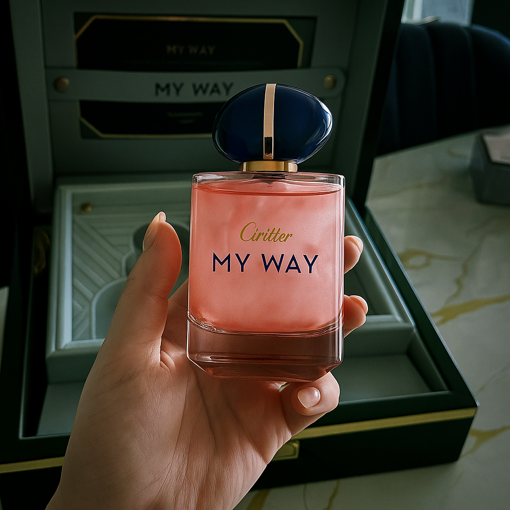 Close-up of a hand holding My Way Blossom perfume bottle indoors – refined, feminine scent captured in a soft and intimate setting.

