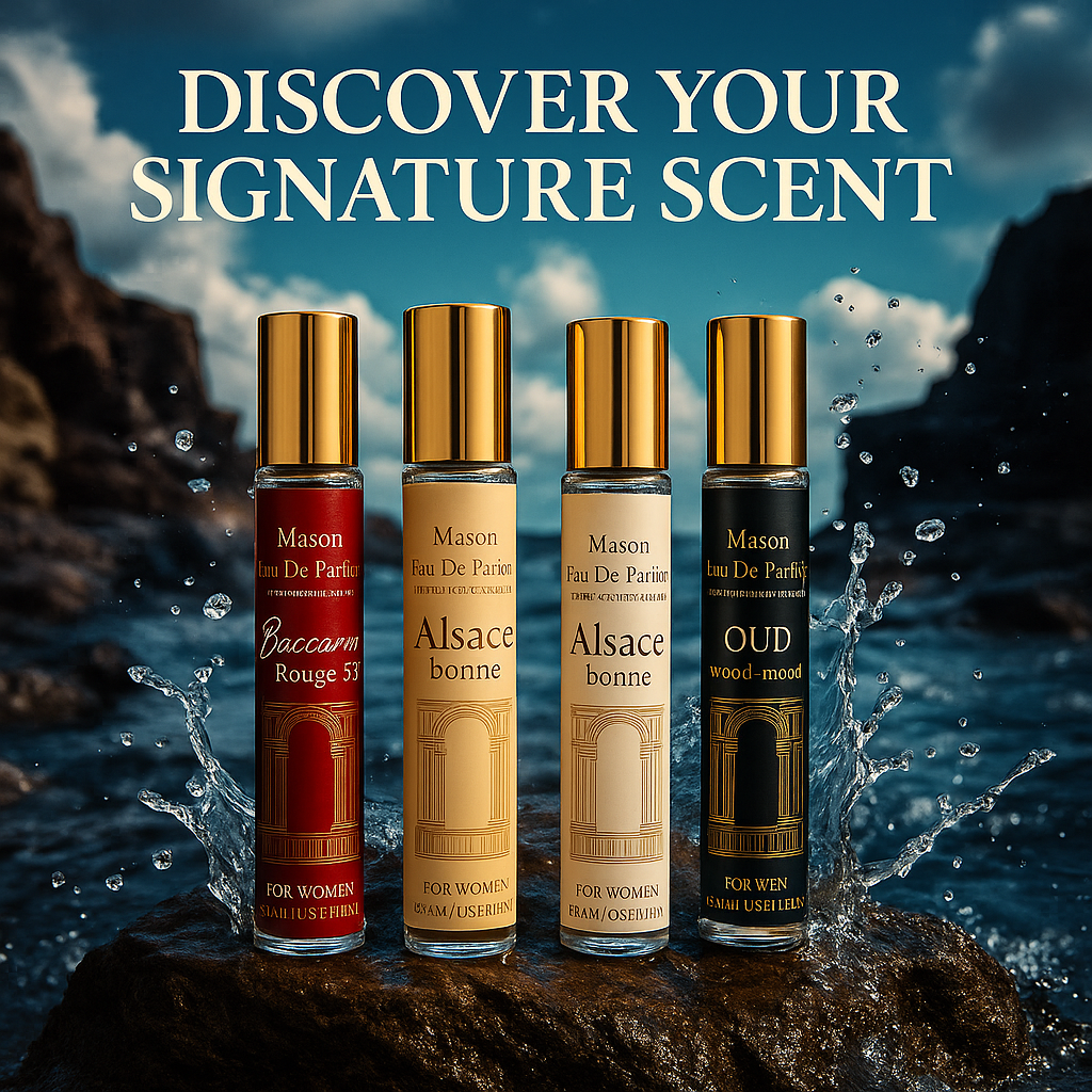 Fragrance Emporium Mystic Bloom Discovery Set ad with “Discover Your Signature Scent” text – premium sampler for floral fragrance lovers.

