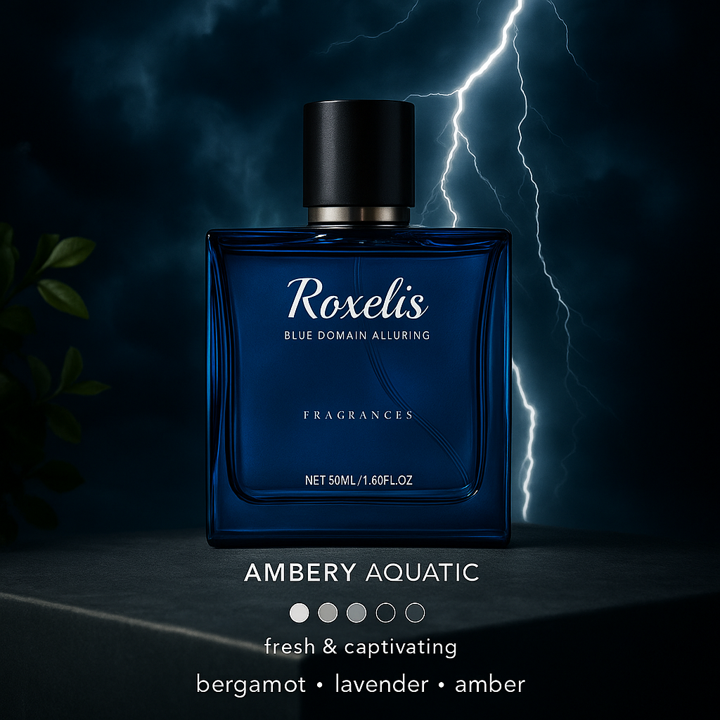 Fragrance Emporium’s Mystic Tide fragrance bottle illuminated in a bold, dark ambiance, highlighting aquatic freshness and allure

