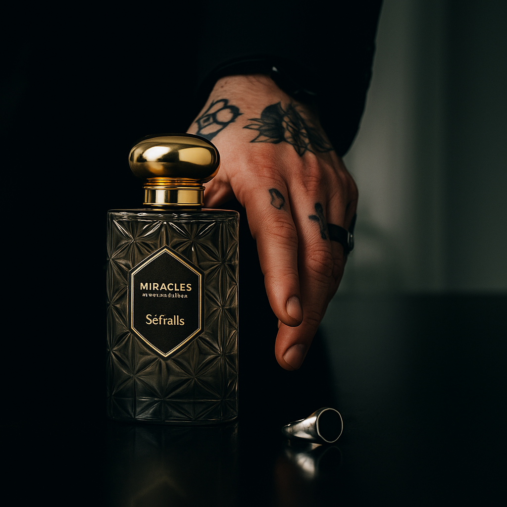 Fragrance Emporium’s Noir Wood Night perfume bottle held in a dimly lit setting, evoking mystery and masculine allure

