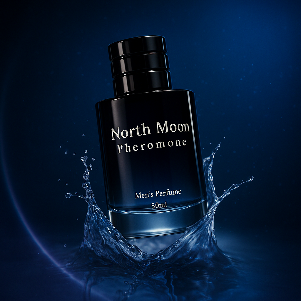 Fragrance Emporium’s North Moon Pheromone EDP bottle surrounded by blue light energy, symbolizing magnetic freshness and masculine allure