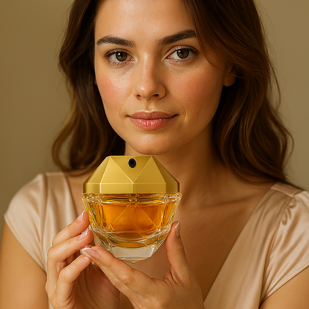 Smiling woman holding Opulent Spark perfume by Fragrance Emporium – refined lifestyle imagery for captivating feminine fragrance.

