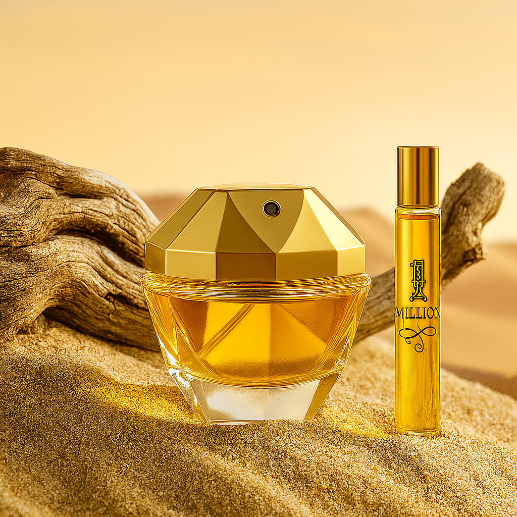 Glowing Opulent Spark perfume bottle on golden fabric – radiant, feminine, and jewel-like visual by Fragrance Emporium.

