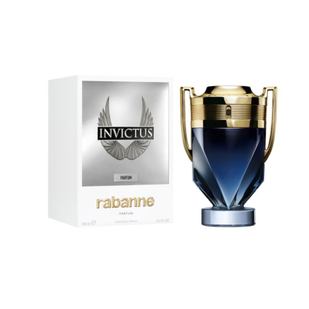 Paco Rabanne Invictus EDP 100 ml perfume bottle with matching grey and gold packaging. A marine-woody men’s fragrance blending lavender, marine notes, violet leaf, and sandalwood. Fresh yet sensual scent symbolizing victory and confidence. Sold at Fragrance Emporium.