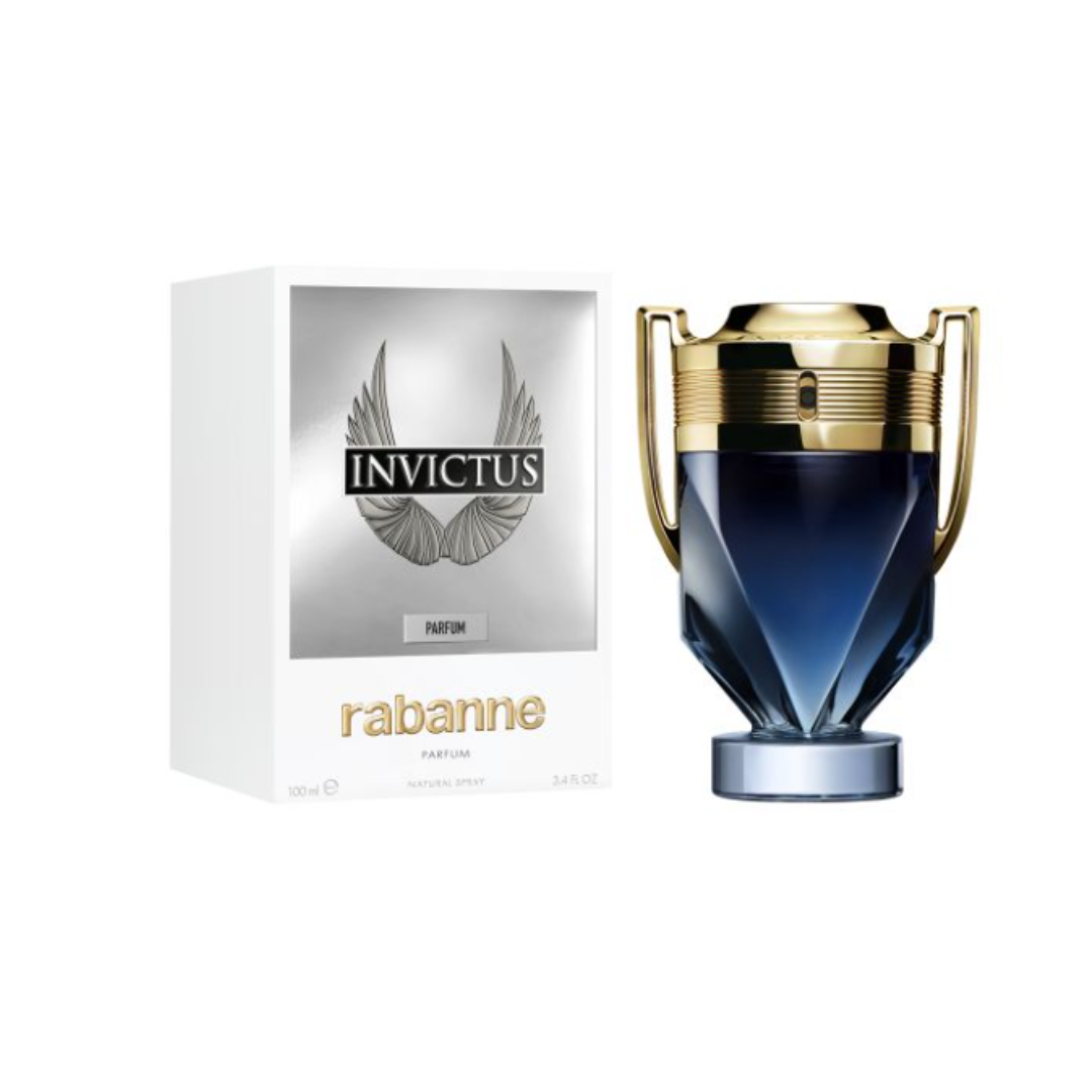 Paco Rabanne Invictus EDP 100 ml perfume bottle with matching grey and gold packaging. A marine-woody men’s fragrance blending lavender, marine notes, violet leaf, and sandalwood. Fresh yet sensual scent symbolizing victory and confidence. Sold at Fragrance Emporium.