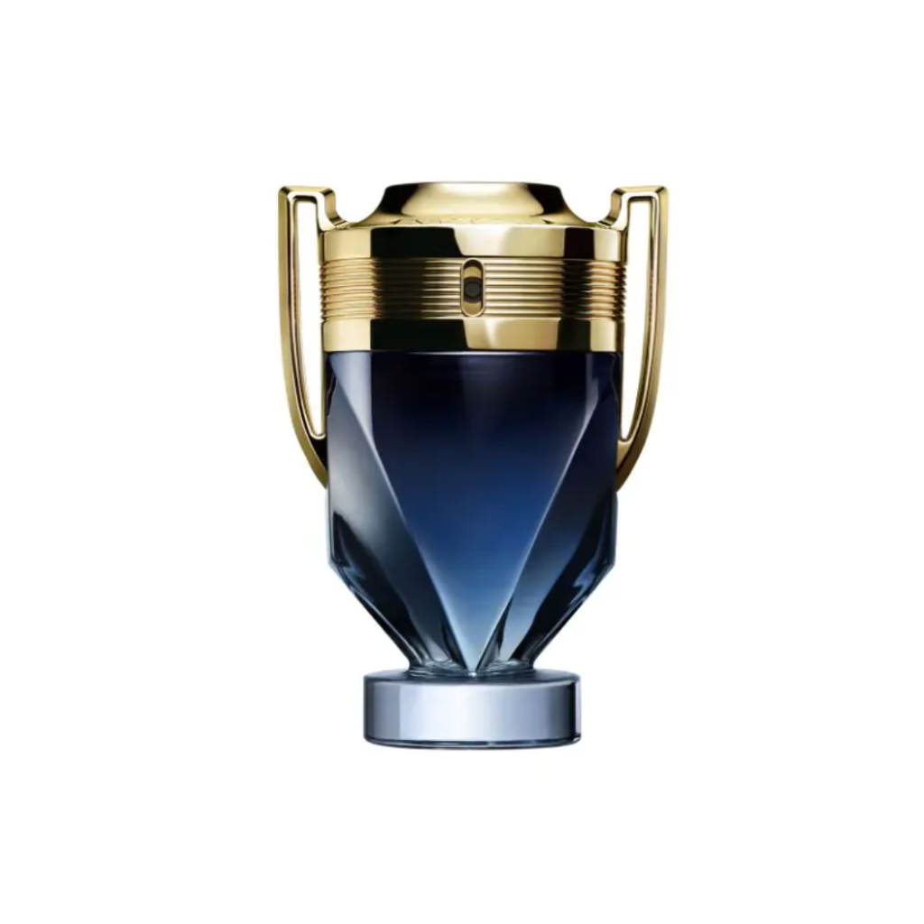 Luxury image of Paco Rabanne Invictus EDP 100 ml perfume bottle, featuring the iconic blue trophy-inspired design. A bold marine-woody fragrance with lavender, pink pepper, violet leaf, and musk. Captures freshness and strength. Available exclusively at Fragrance Emporium.