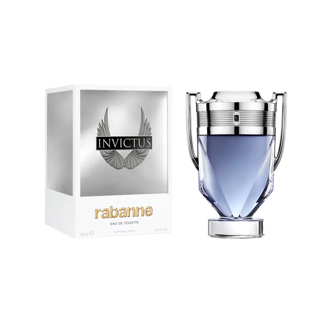 Premium display of Paco Rabanne Invictus Eau de Toilette 100 ml with its elegant silver box. The shot highlights the brand’s sporty-luxury aesthetic and the fragrance’s dynamic blend of citrus, marine, and woody notes that embody strength, freshness, and timeless appeal.