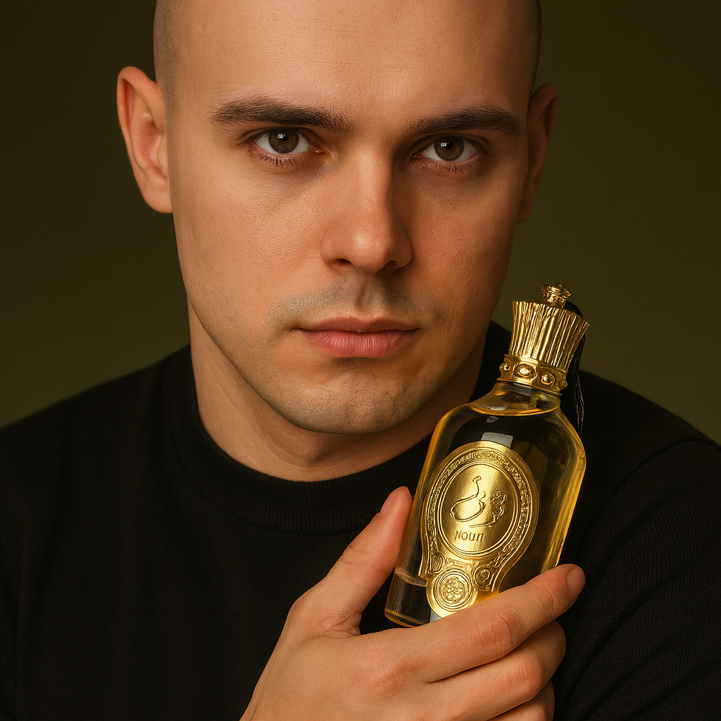 Man confidently holding Paris Corner Nouf fragrance, showcasing elegance, intensity, and premium allure