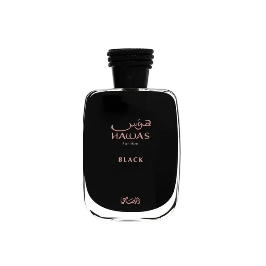 Rasasi Hawas Black EDP 100 ml bottle standing upright on a neutral background. A bold men’s fragrance blending bergamot, pineapple, and amber with woody and musky notes. Premium Eau de Parfum available at Fragrance Emporium.