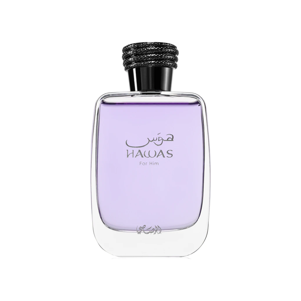 High-quality image of Rasasi Hawas EDP 100 ml perfume bottle with its sleek lavender hue and silver cap. A modern aquatic fragrance for men featuring notes of apple, bergamot, ambergris, and musk. A luxurious and refreshing scent from Fragrance Emporium.