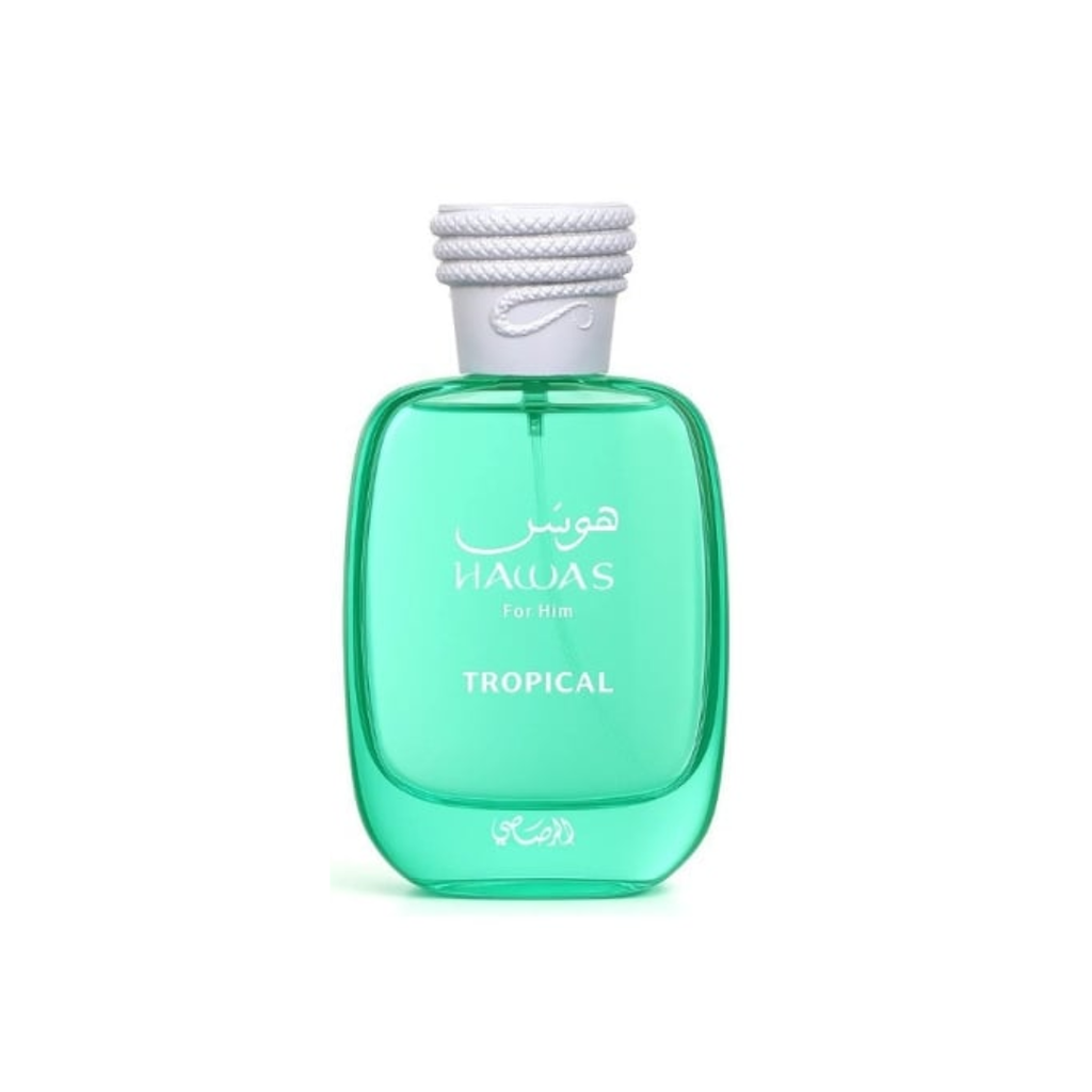 High-quality image of Rasasi Hawas Tropical EDP 100 ml perfume bottle in turquoise green with silver cap. A vibrant tropical scent featuring coconut water, fig, ginger, and sandalwood, blending freshness with warm tonka bean. Available at Fragrance Emporium.