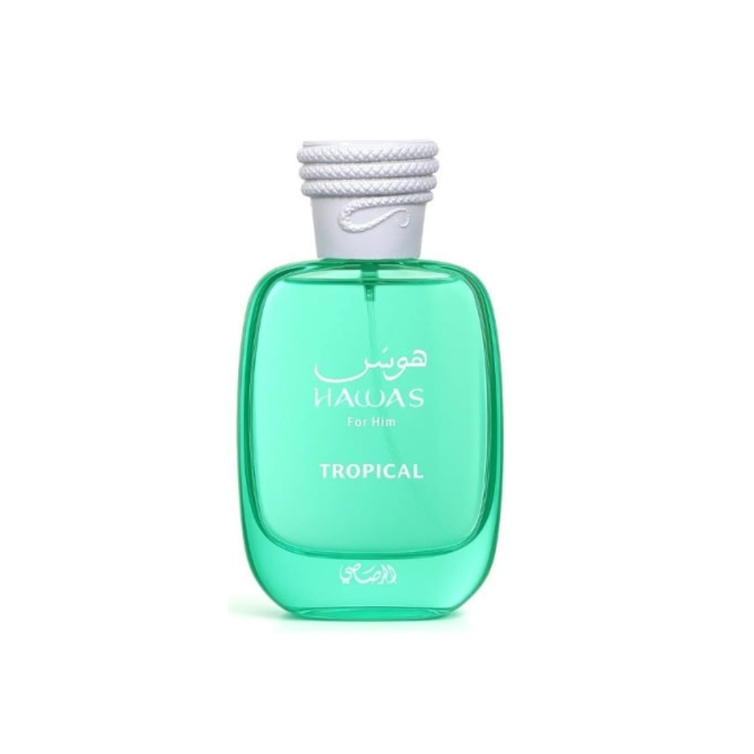 High-quality image of Rasasi Hawas Tropical EDP 100 ml perfume bottle in turquoise green with silver cap. A vibrant tropical scent featuring coconut water, fig, ginger, and sandalwood, blending freshness with warm tonka bean. Available at Fragrance Emporium.