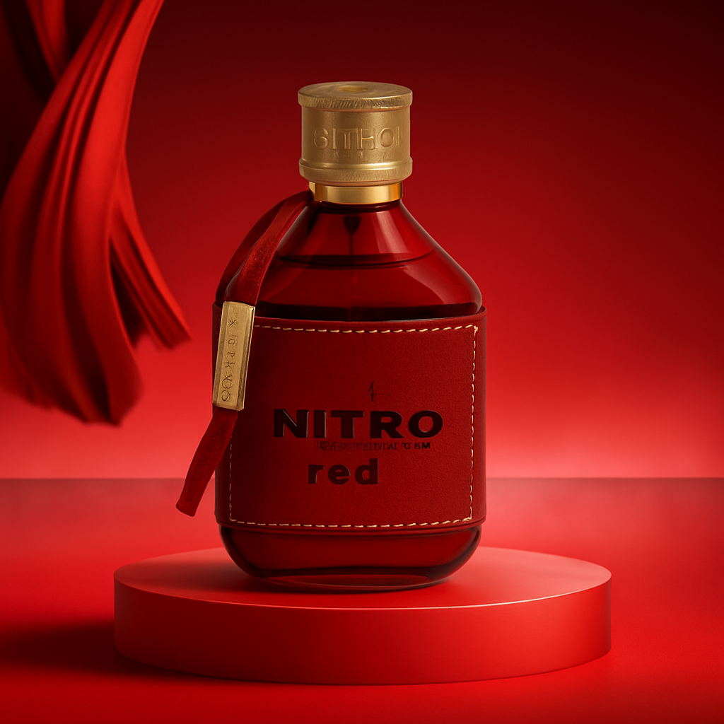 Redline Force perfume bottle placed on sand at sunset – outdoor energy-themed scene representing vitality and freedom.

