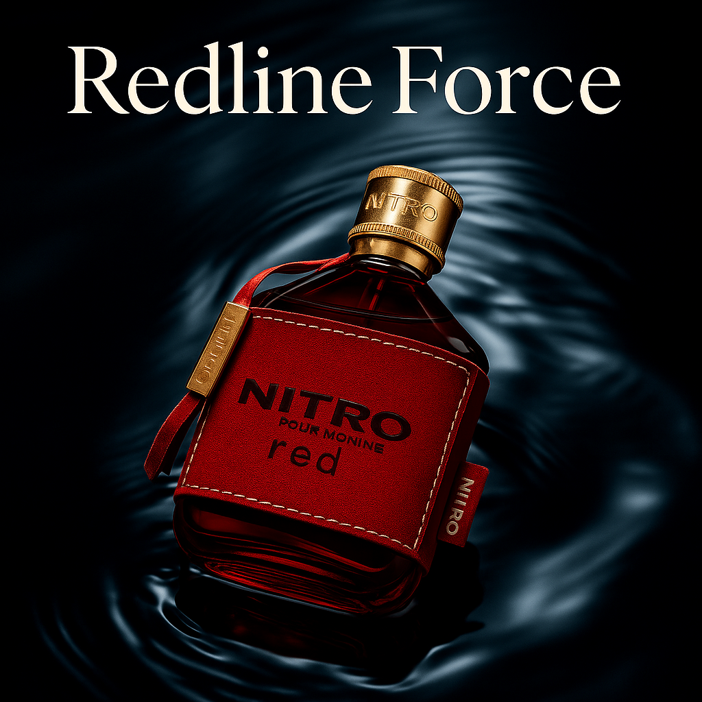 Dynamic promotional image of Redline Force perfume with glowing bottle – bold and vibrant energy for men by Fragrance Emporium.

