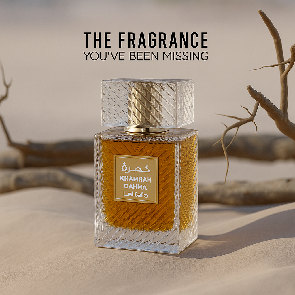 Fragrance Emporium’s Royal Qahwa perfume bottle styled with soft shadows and warm tones – luxurious and timeless product photography.


