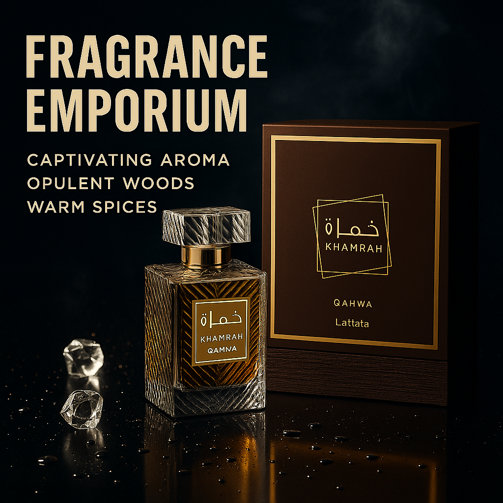 Royal Qahwa Eau de Parfum showcased beside Fragrance Emporium branding – elegant nighttime aesthetic for high-end marketing visuals.

