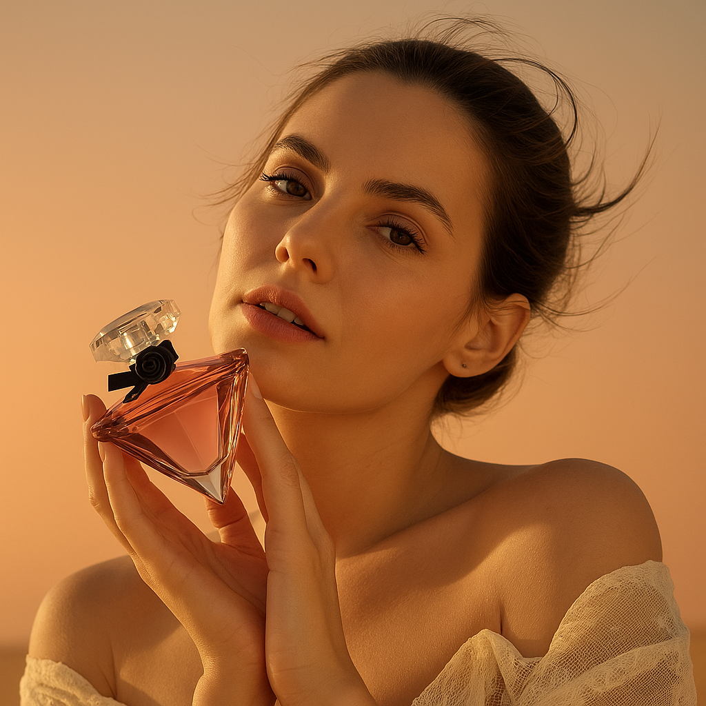 Woman holding Ruby Veil perfume by Fragrance Emporium, reflecting soft femininity and evening charm

