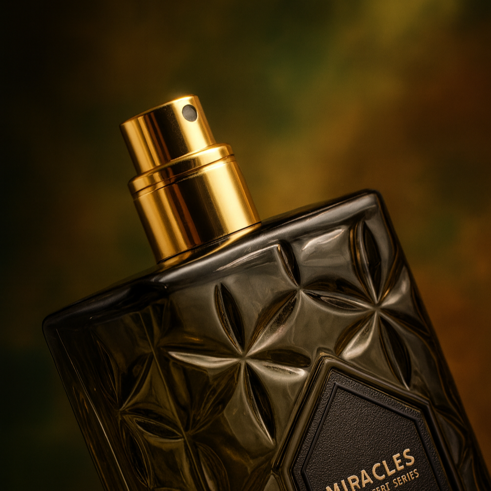 Fragrance Emporium’s Noir Wood Night perfume bottle angled on a golden-hued surface, highlighting deep woods and smoky richness

