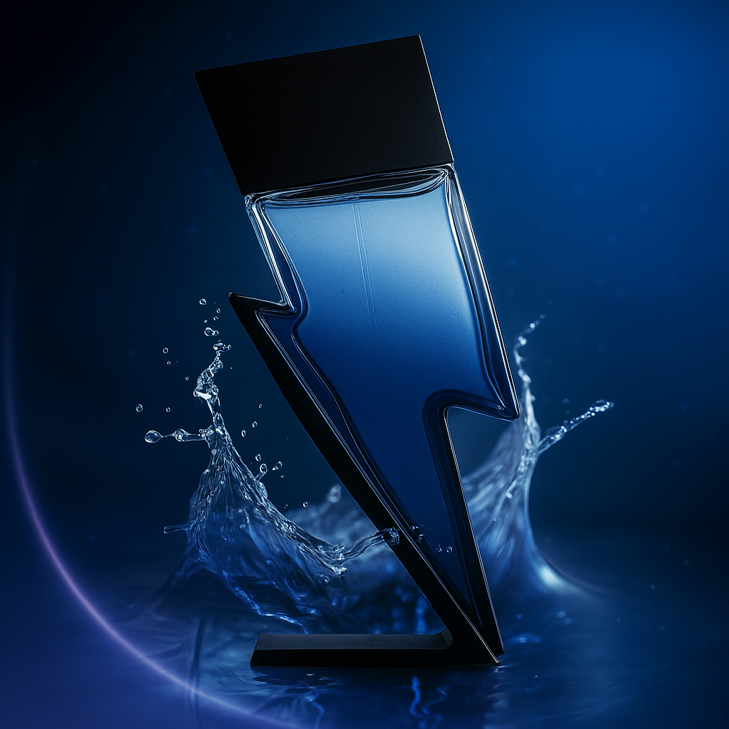 Dynamic close-up of Shockwave Intense Eau de Parfum with electric blue lighting – bold and premium branding from Fragrance Emporium.

