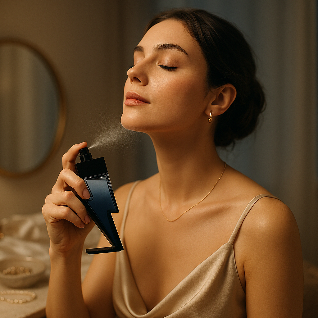 Elegant woman applying Shockwave Intense Eau de Parfum by Fragrance Emporium – refined and bold fragrance experience captured.

