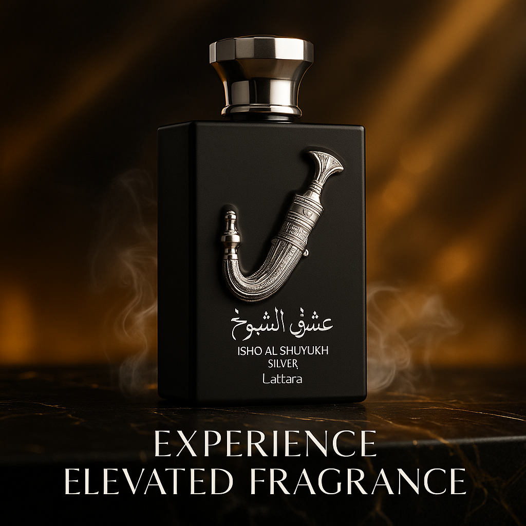 Silver Legacy Ishq Al Shuyukh Silver EDP bottle by Fragrance Emporium glowing in a warm golden luxury setting


