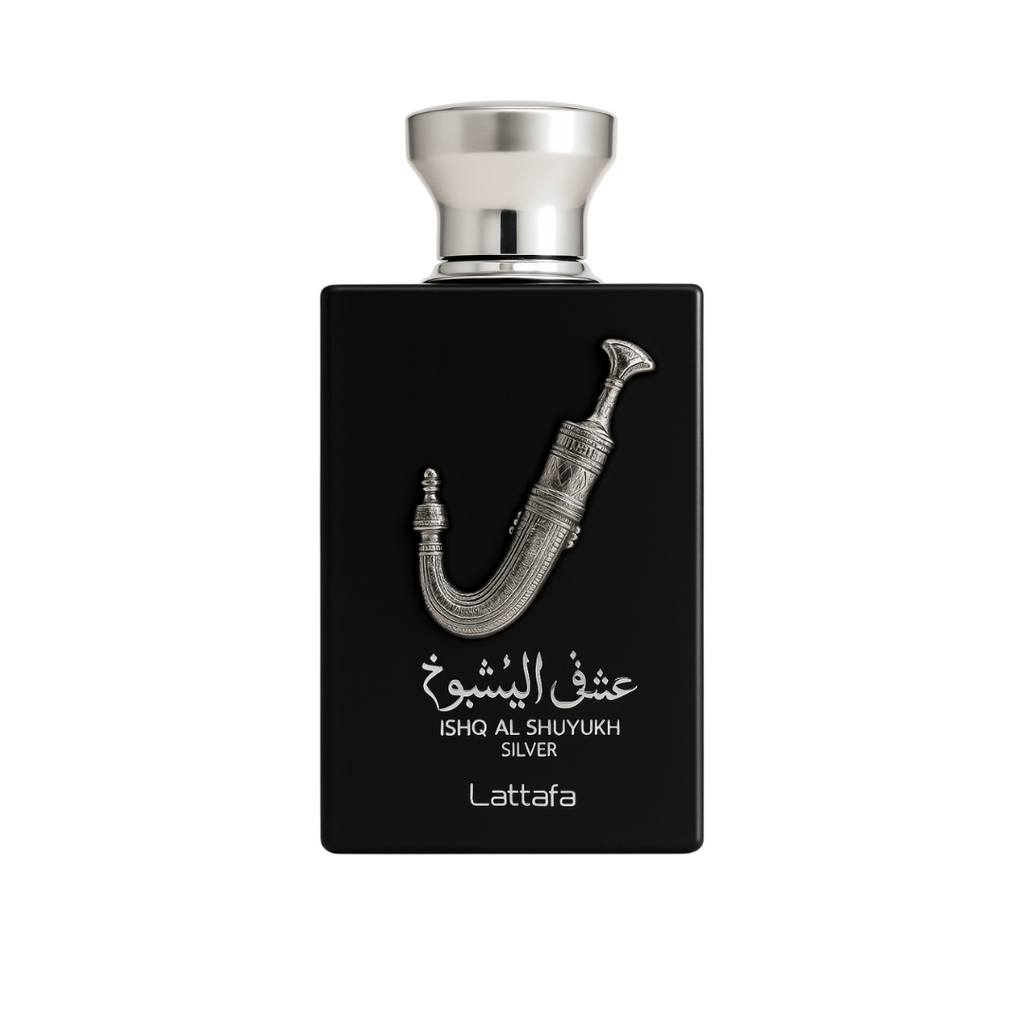 Fragrance Emporium’s Silver Legacy Ishq Al Shuyukh Silver EDP showcased in a sleek black-and-silver bottle on a white background


