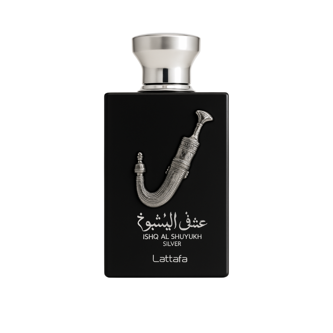 Fragrance Emporium’s Silver Legacy Ishq Al Shuyukh Silver EDP showcased in a sleek black-and-silver bottle on a white background


