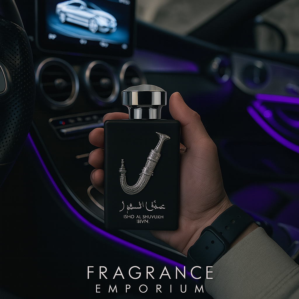 Fragrance Emporium’s Silver Legacy perfume bottle in a stylish car setting with vibrant blue lighting, ideal for sophisticated evenings


