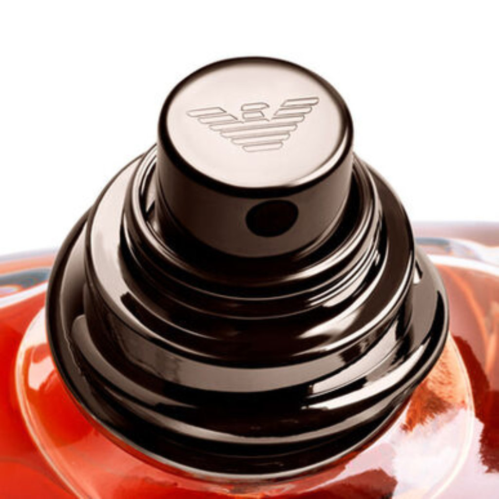 Detailed view of the Giorgio Armani Stronger With You Intensely EDP 100ml spray nozzle, captured for Fragrance Emporium. Highlights the premium craftsmanship of Armani’s bottle design and the fragrance’s rich composition of amber, toffee, vanilla, and suede warmth.