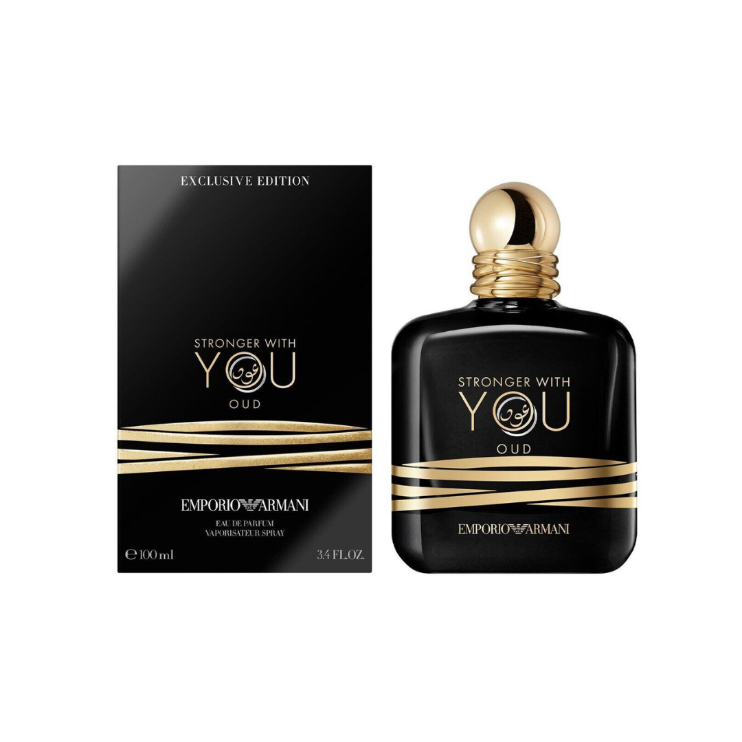 Premium presentation of Armani Stronger With You Oud Eau de Parfum 100 ml, showing both the bottle and its elegant black box with gold accents. This detailed shot captures the refined aesthetics of Armani’s design, symbolizing timeless luxury and powerful masculine sophistication.