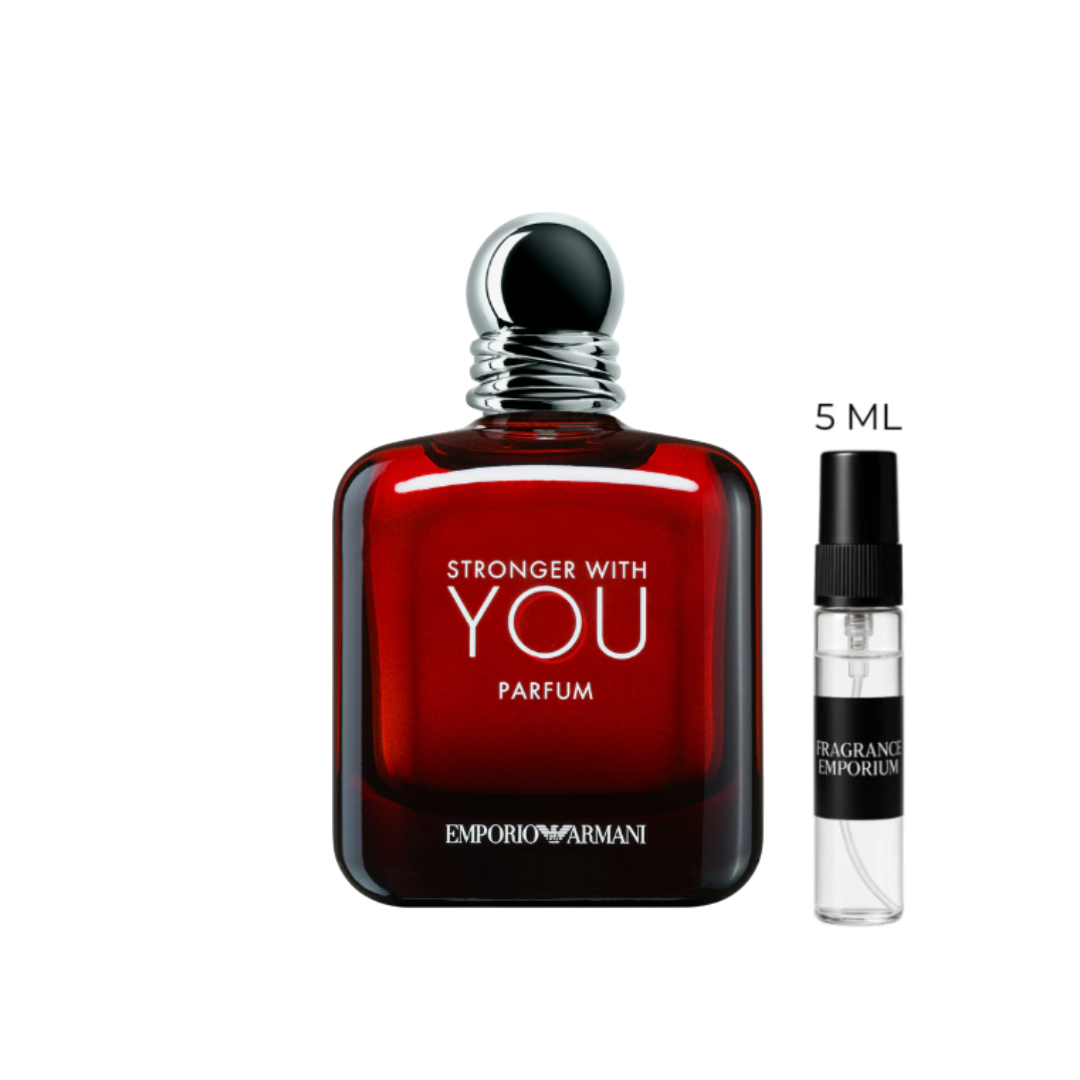 Line-up of Emporio Armani Stronger With You Parfum decant samples beside the original bottle, showing 2 ml, 3 ml, 5 ml and 10 ml options. A warm spicy scent blending pink pepper, mandarin, sage, chestnut and vanilla, photographed in studio lighting for Fragrance Emporium’s premium collection.
