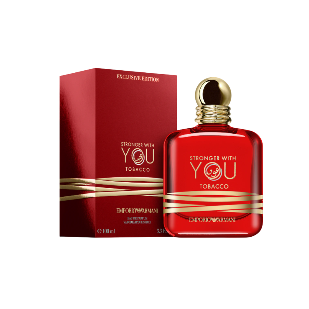 Premium presentation of Emporio Armani Stronger With You Tobacco Eau de Parfum 100 ml with its matching red and gold box. This elegant visual highlights Armani’s refined craftsmanship and the scent’s amber-spicy composition blending tobacco, cardamom, and vanilla for timeless masculine allure.