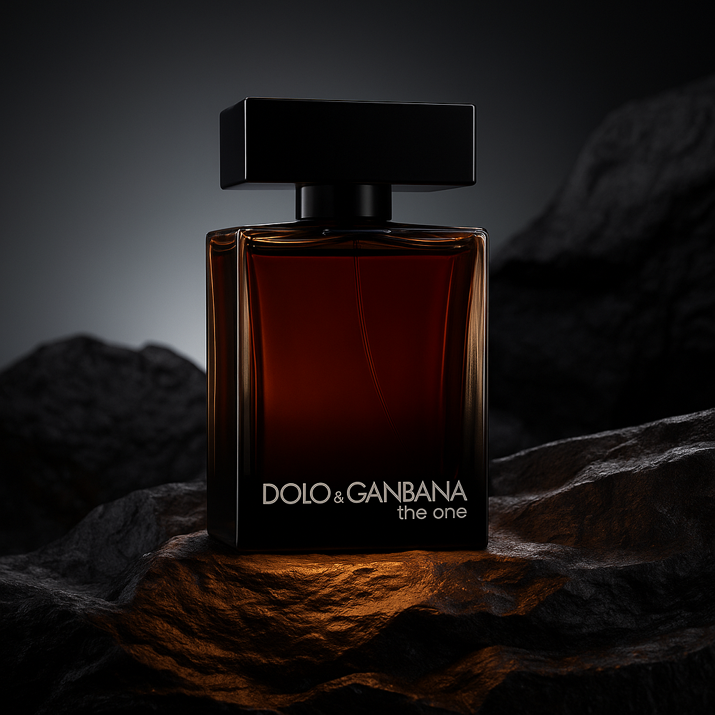 Dark mood flat lay of The One Noir fragrance bottle on a wood-textured background – bold elegance for premium unisex scent.

