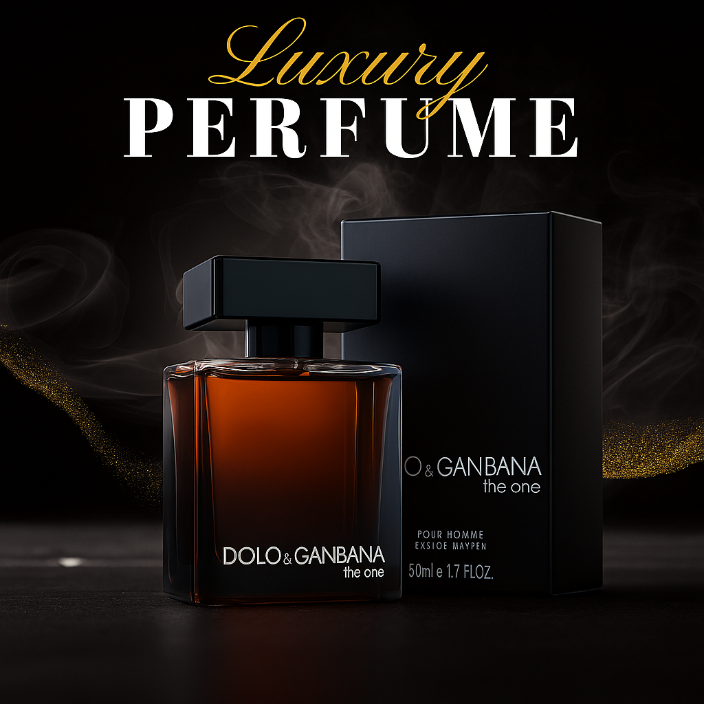 The One Noir EDP promo visual with “Luxury Perfume” headline – elegant black background emphasizing sophistication and premium appeal.

