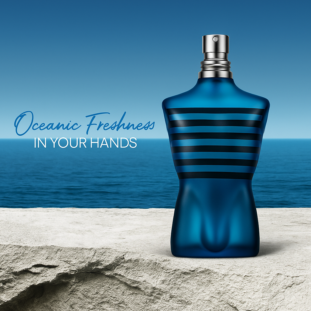 Titan Bleu perfume by Fragrance Emporium placed on a stone surface with oceanic tones, reflecting freshness and aquatic masculinity

