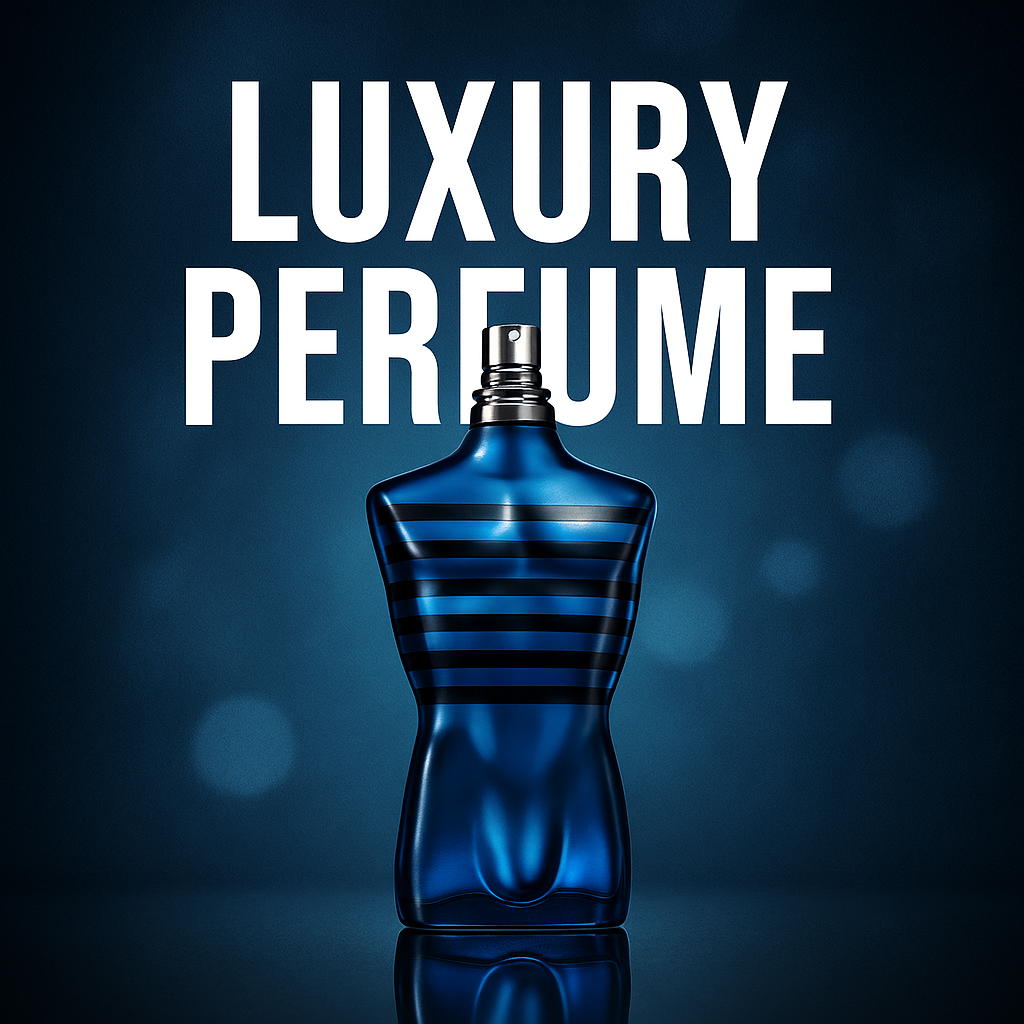 Fragrance Emporium’s Titan Bleu perfume glowing in vibrant blue lighting with “Luxury Perfume” branding, representing masculine power and refinement

