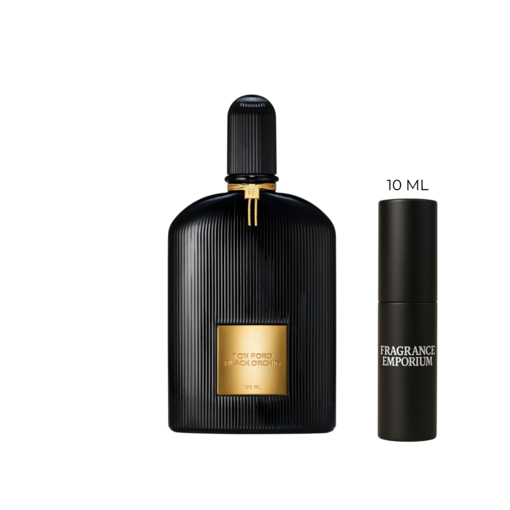 Tom Ford Black Orchid Eau de Parfum bottle placed next to a 10 ml sample vial, highlighting its timeless design and mysterious aura. The fragrance blends dark truffle, orchid, Mexican chocolate, and vanilla — an iconic, seductive unisex perfume available as 10 ml decants from Fragrance Emporium.