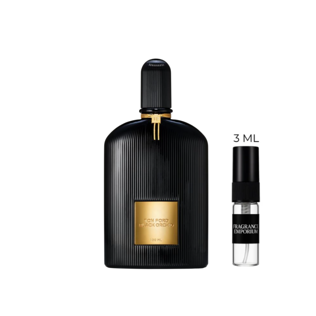 Studio shot of Tom Ford Black Orchid Eau de Parfum bottle paired with a 3 ml sample vial, emphasizing its elegant black ribbed design. The scent combines black truffle, ylang-ylang, and Mexican chocolate for a rich, sensual aroma available in 3 ml decants from Fragrance Emporium.