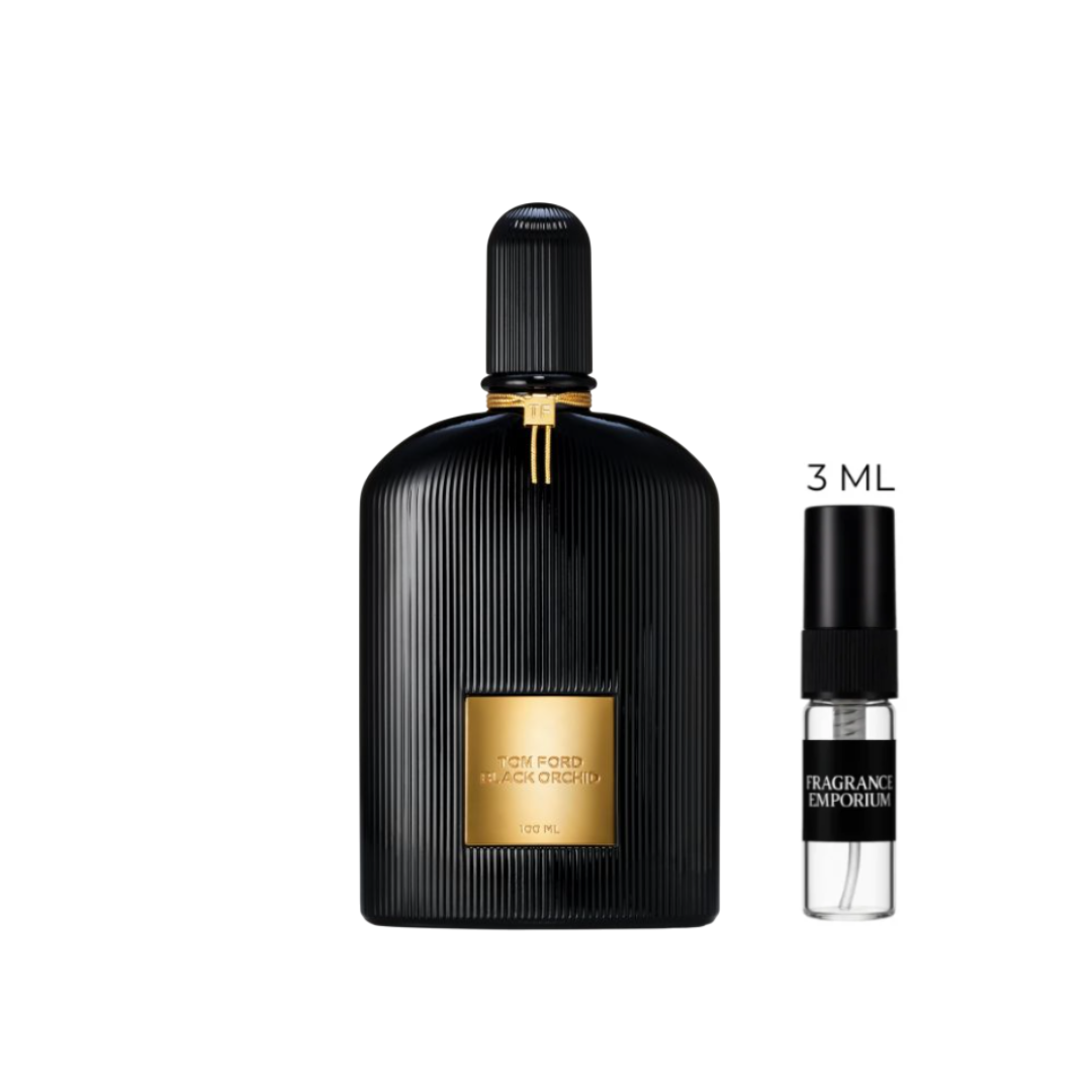 Studio shot of Tom Ford Black Orchid Eau de Parfum bottle paired with a 3 ml sample vial, emphasizing its elegant black ribbed design. The scent combines black truffle, ylang-ylang, and Mexican chocolate for a rich, sensual aroma available in 3 ml decants from Fragrance Emporium.